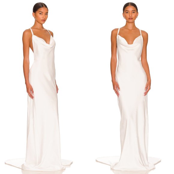 Norma Kamali Cross Back Bias Formal Satin Gown with Train in Snow White Size M - Picture 2 of 12